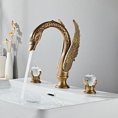 Widespread Bathroom Sink Mixer Faucet Swan Shape, Vintage Brass 3 Hole 2 Handle Basin Tap Deck Mounted, Washroom Basin Vessel Water Tap with Hot and Cold Hose