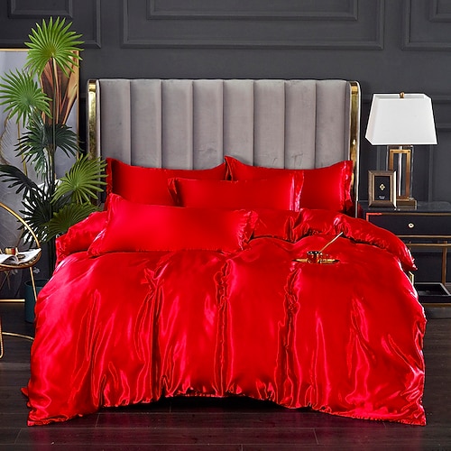 3-teiliges Satin-Bettbezug-Set, luxuriöses seidiges Satin-Bettwäsche-Set in mehreren Farben, einfarbig, weiches Bettbezug-Set, 1 Bettbezug, 2 Kissenbezüge Image