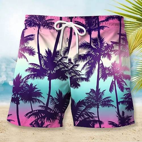 Herren Farbverlauf Kokospalme Badehosen Badeshorts Boardshorts Mittlere Taille Mode Streetwear Designer Lässig Täglich Ferien Tasche Kordelzug Elastischer Bund Designer Bekleidung Image