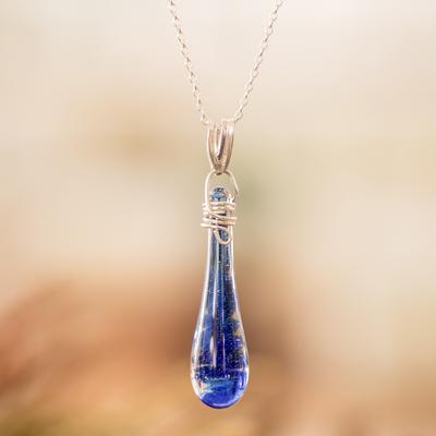 Bubbling Lagoon,'Glass Pendant Necklace in Dark Blue from Costa Rica'