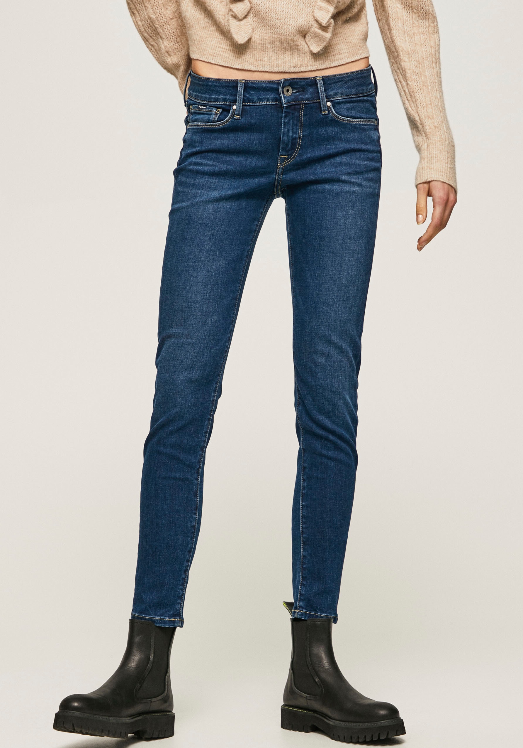 Skinny-fit-Jeans PEPE JEANS "SOHO", Damen, Gr. 25, Länge 28, blau (schwarz used worn), Denim/Jeans, Obermaterial: 84% Baumwolle, 14% Polyester, 2% Elasthan, skinny fit lang, Jeans, im 5-Pocket-Stil mit 1-Knopf Bund und Stretch-Anteil