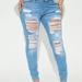 High Rise Distressed Ripped Legs Skinny Jeans, Long Plicated Legs Light Blue Skinny Denim Pants, Women's Denim & Clothing