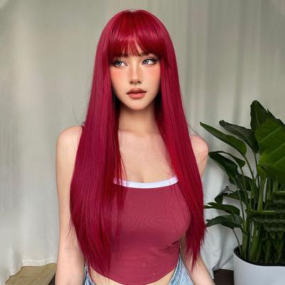 26 Inch Long Red Wig With Bangs, Straight Gray Wigs For Women, Heat Resistant Synthetic Wig For Fashion Women Music Festival