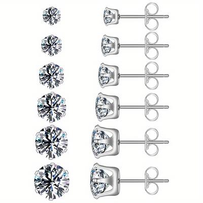 TEMU 14k Gold Plated Steel Cz Earrings 3-8mm 6 Pairs Silvery Or Gold Plated Or Rose Gold Plated Stainless Steel Earring Set, Low Allergy Cubic Oxide Cartilage Ear , Style, Flash Aaa Zirconia Earrings Image