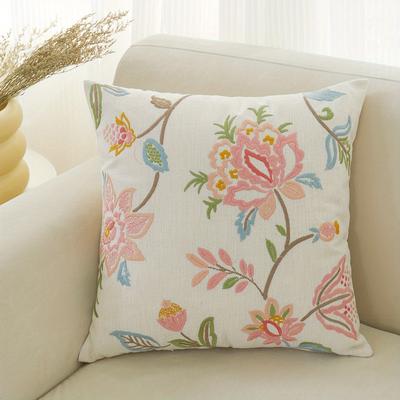 TEMU 1pc Rustic Floral Embroidered Pillow Cover - 100% Polyester With Zipper Closure, Beige, Living Room Decor, Spot Clean Only Image