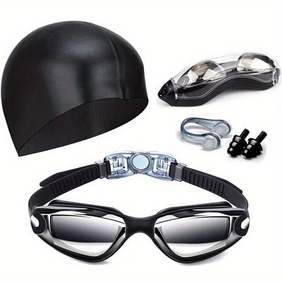 5-in-1 Swimming Goggles And Set With Nose Clip And Ear Plugs - Waterproof And Fogproof Electroplated Glasses For Clear Vision And Comfortable Swim