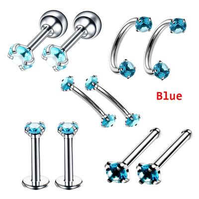 10pcs/set Stainless Steel Personality Nose Stud Hoop Nostril Ring Ear Studs Labret Eyebrow Zircon Body Piercing Jewelry