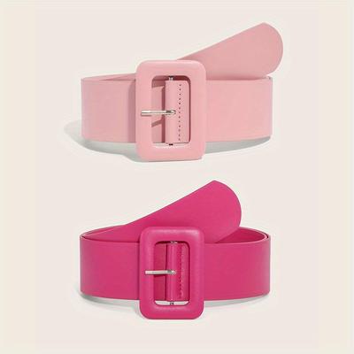 TEMU 2pcs/set Pink Pu Wide Belt Trendy Square Decorative Waistband Elegant Dress Coat Girdle For Women Image