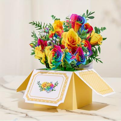 Wild Rainbow Roses Pop-up Box Card, Greeting Card With Envelop And Note Card, Celebration