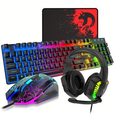 Wired Gaming Keyboard And Mouse Headset Combo, Rainbow Led Backlit Wired Keyboard, Over Ear Headphone With Mic, Rainbow Backlit Gaming Mice, Mouse Pad, For Pc, Laptop, , Ps4,