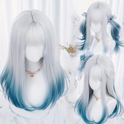 Women Synthetic Wig Long Straight Ombre 2 Tone Silvery Grey Blue Hair For Cosplay With Bangs Anime Cosplay Wig Costume Wig For Halloween Party