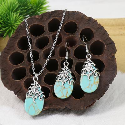 TEMU Elegant 3pcs Vintage Ethnic Jewelry Set For Women - Silvery Vine Hollow Zinc Alloy With Turquoise Teardrop Earrings & Necklace, Casual Attire Or Gifting, Shape, Fashion Accessories Image