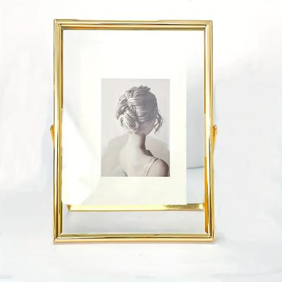 TEMU 1pc Golden Floating Picture Frame, Gift Metal Glass Photo Frames, Tabletop Display , For Living Room Office Wedding Decor Image