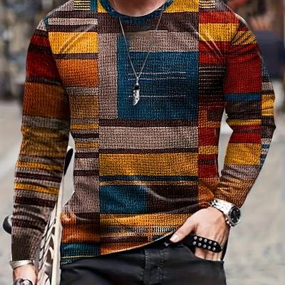 TEMU Men's And Irregular Pattern Crew Neck And Long Sleeve T-shirt, Tops For Spring And Autumn Outdoors And Sports Wear