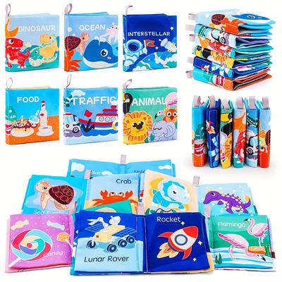 6pcs Small Book With Rustling Sound Untearable Baby Cloth Book Children's Cognition Cloth Book Dinosaurs Animals Transportation Space Ocean Food Cognition Christmas Halloween Thanksgiving Gifts
