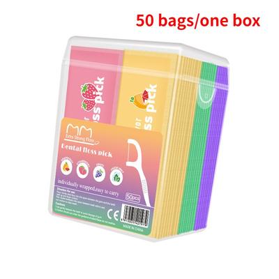 1 Box Of 50pcs Floss Fruit Floss Individual Packaging Disposable Floss Stick Mint Toothpick Line Dental Floss Stick Polymer