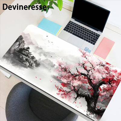 Japanese Painting Cherry Blossoms Gaming Mouse Pad Desk Mat Desk Pad Large Gaming Mousepad Office Keyboard Pad Computer Mouse Non-slip Computer Mat Stitched Edges Mousepad, Long Mouse Pad
