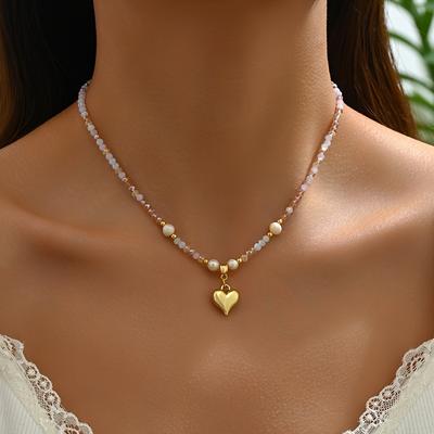 TEMU Elegant Beaded Necklace For Women With Artificial Crystal And Heart Pendant, For Daily And Party , Random Image