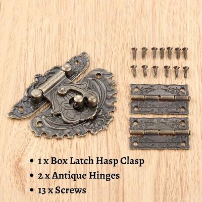16pcs Antique Hasp Latches & Hinges Kit, Vintage Engraved Decorative Hasp Clasp, Bronze Hardware For Jewelry Box, Wooden Case Furniture Decoration, With 13 Screws