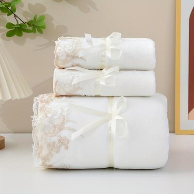 TEMU 3pcs Lace Embroidery Towel Set, Microfiber Towel, 2 Towel, 1 Bath Towel, Absorbent Towels For Bathroom, Bathroom Supplies Image
