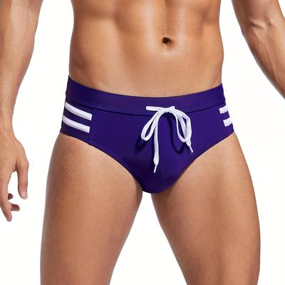 TEMU Men's Striped Drawstring Sexy Bikini Swim Briefs, Fashion Trendy Quick Drying Swimwear For Summer Beach Image
