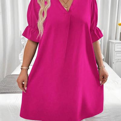 TEMU Plus Size Women's Elegant V-neck Short Sleeve Bodycon Dress - Solid Color , Machine Washable, Versatile Fit For Casual & Formal Occasions, No Stretch Material Image