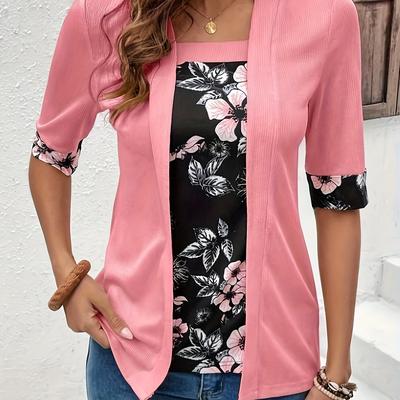 TEMU Floral Print Splice 2 In 1 T-shirt, Elegant Short Sleeve Square Neck Top, Women's Clothing Image