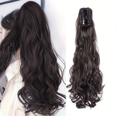 Synthetic Claw Clip Ponytail Hair Extension, 20 Inch Long Curly Wavy Ponytail Extension Hair For Women Tail Hair Hairpiece