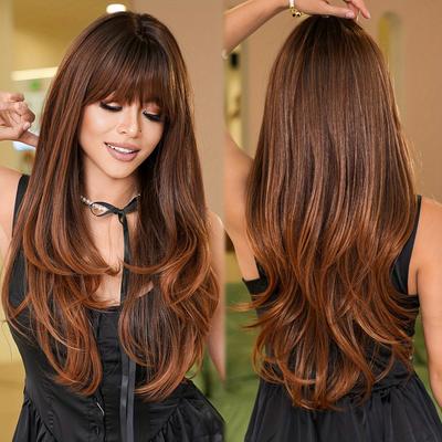 Synthetic Layered Wavy Dark Ombre Blonde Wig For Women Daily Use Long Wavy Wigs With Bangs 26inch