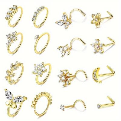 16pcs Simple Style Nose Ring Set Inlaid Shiny Zircon Minimalist Body Piercing Jewelry Set