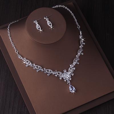 TEMU Jewelry Wedding Necklace Ladies Necklace Earrings Set Flower Zircon Rhinestone Wedding Dress Set Banquet Stage Performance Dress Accessories Necklace