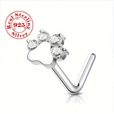 S925 Sterling Silver Trendy Nose Stud Silver Dog Footprint Nose Stud Cubic Zirconia Decor Paw Print Nose Piercing Jewelry 0.5g