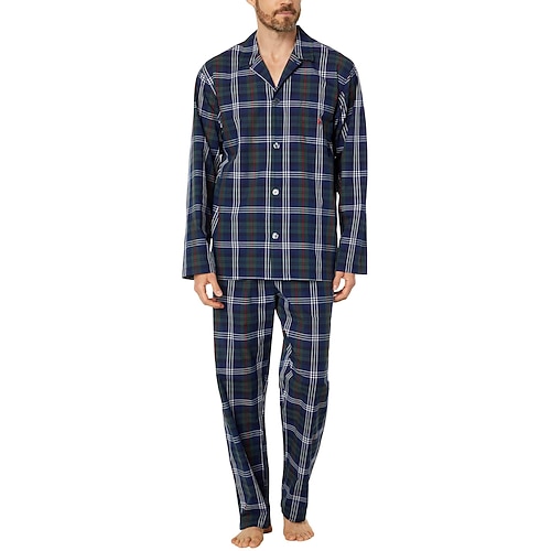 Herren Hausanzug Schlafanzüge Schlafanzug Set Pyjama-Oberteil und Hose 2 Stück Plaid Stilvoll Brautkleider schlicht Komfort Heim Täglich Baumwolle Komfort Kargen Langarm Hemd Hose Kordelzug Image