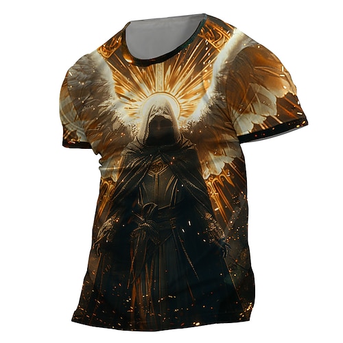 Herren Grafik Tiermotiv Löwe Flügel Templer Kreuz T Shirt T-Shirt 3D-Druck Rundhalsausschnitt Hemd Mode Religiös Athleisure Straße Sport im Freien Schwarz Gold Sommer Frühling Bekleidung S M L XL XXL Image