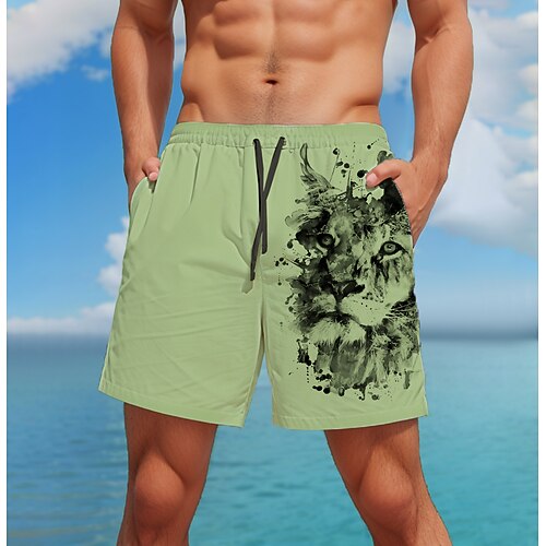 Herren Tiermotiv Löwe Badehosen Badeshorts Boardshorts Mittlere Taille Mode Streetwear Designer Lässig Täglich Ferien Kordelzug Tasche Elastischer Bund Designer Bekleidung Image
