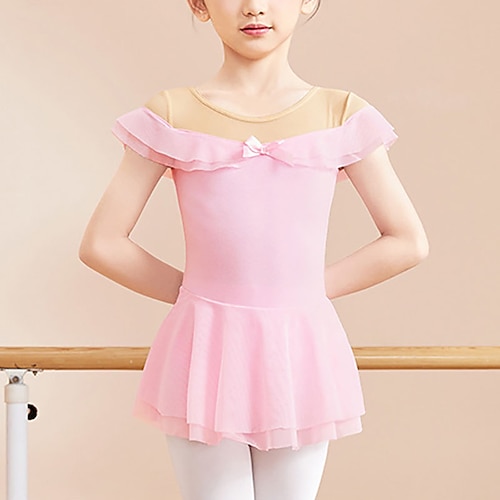 Tanzkleidung für Kinder Ballett Kleid Schleife Rüschen Pure Farbe Mädchen Leistung Ausbildung Kurzarm Hoch Baumwollmischung Image