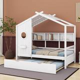 Red Barrel Studio® Dardi Wooden House Bed w/ Trundle, Modern Design for w/ Storage Shelf Wood in White | 72 H x 42.7 W x 78 D in | Wayfair