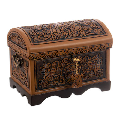 'Embossed Leather Cedar Floral and Bird-Themed Decorative Box'