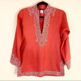 J. Crew Tops | J. Crew Coral Embroidered Embellished V-Neck Linen Kimono Tunic Top Size Xs | Color: Red | Size: Xs