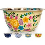 Large Hand Painted Stainless Steel Fruit Bowl - Decorative Floral Salad Mixing and Serving Bowl - Traditional Kashmiri Art