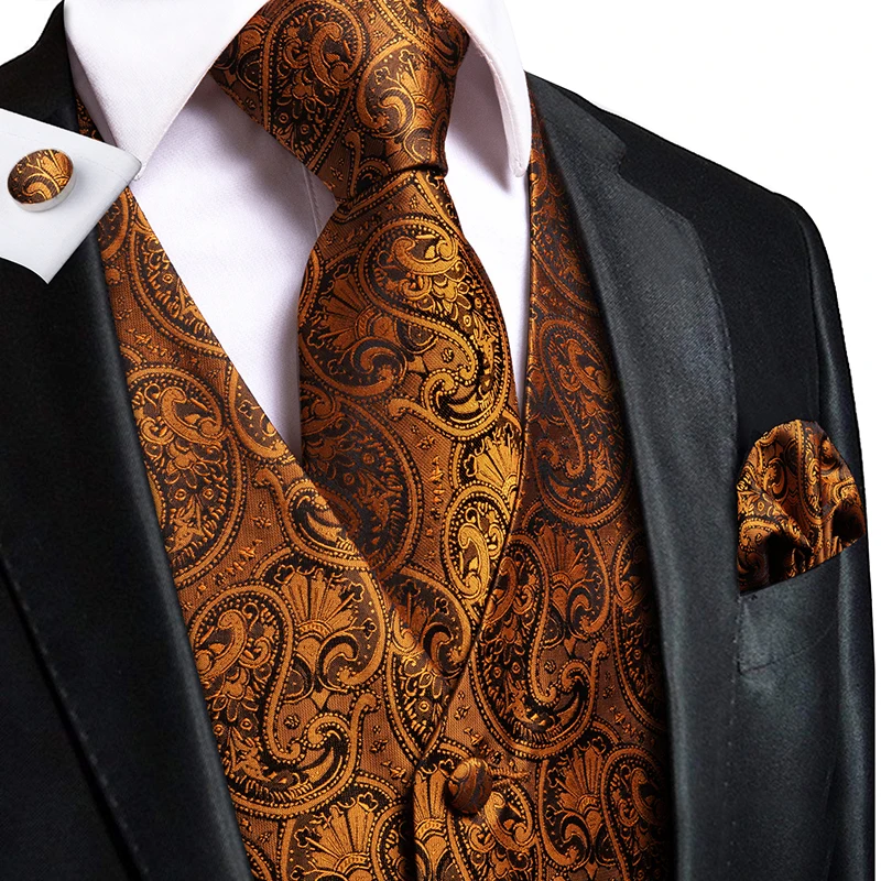 Hallo-Krawatte männer Klassische Weste Weste für Männer 4PC Hanky + manschettenknöpfe + Krawatte Luxus Paisley Rot blau Gold Weste anzug weste Set Seide Image