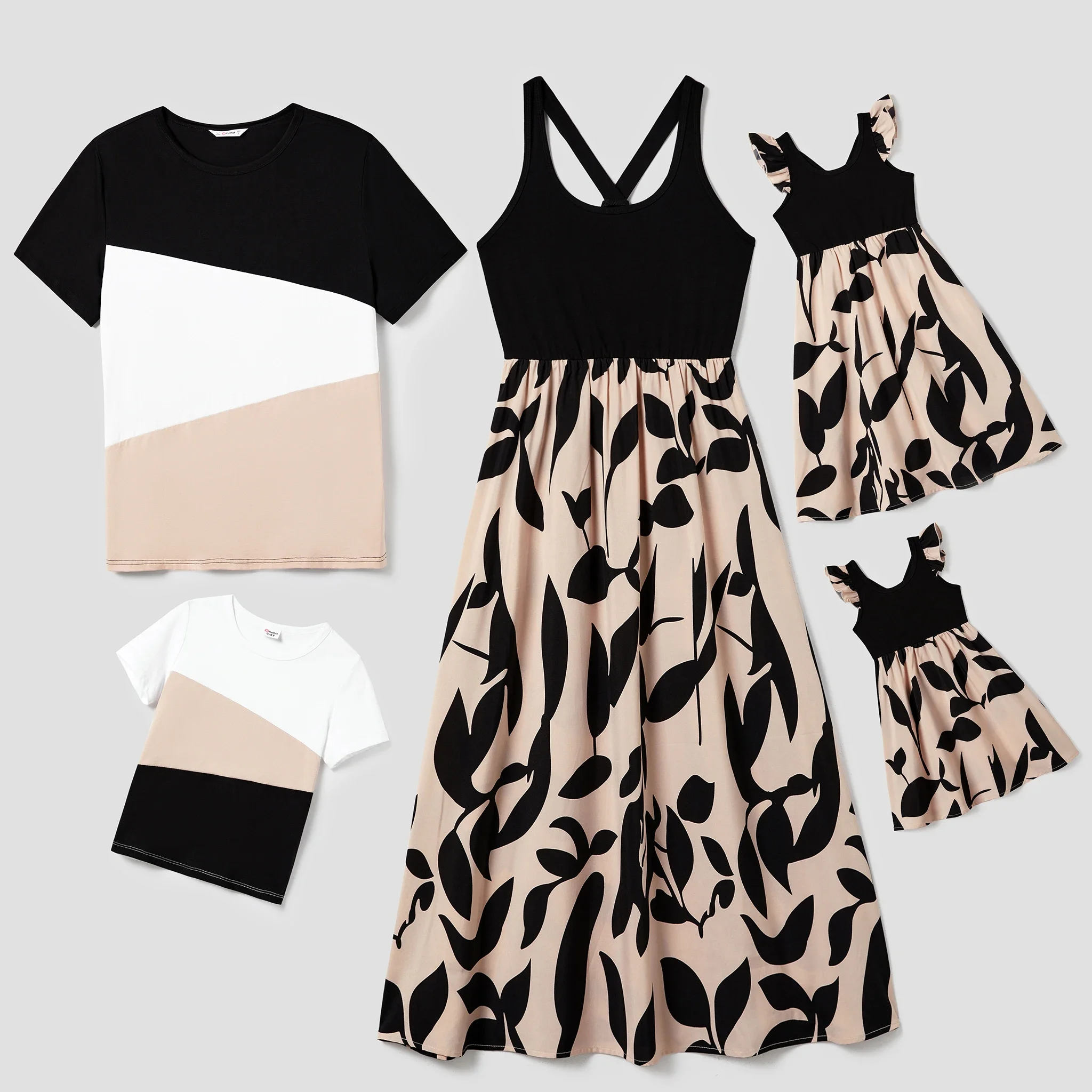 Patpat Family passendes Cross-Back-Kleid mit Blumen riemen und Color block Top-Sets, geeignet für die Sommersaison, weich und bequem Image