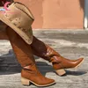 Cowgirl klobige hochhackige Frauen Mid Calf Stiefel Mode Vintage Frauen Schuhe Silber Stickerei Rom