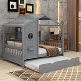 Red Barrel Studio® Nikyah Wooden House Bed w/ Trundle & Storage Shelf Wood in Gray/White | 72 H x 58 W x 78 D in | Wayfair
