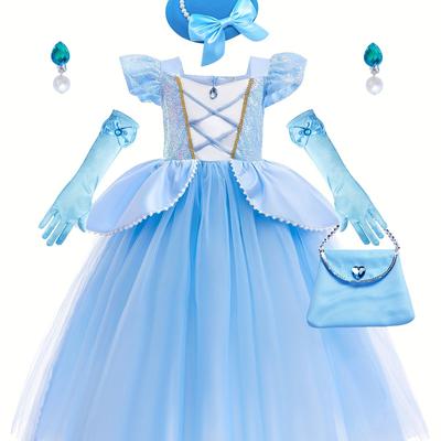 Girls Blue Princess Costumes Puff Sleeve Fancy Halloween Party Dress Up With Hat Gloves Crown Earrings Accessories