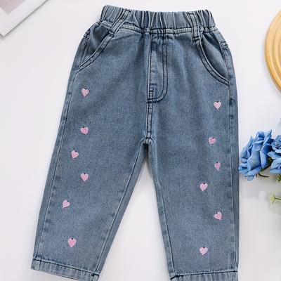 TEMU Cute Heart Embroidery Girls Long Denim Jeans With Pocket, Kids Casual Outdoor Pants For All Seasons