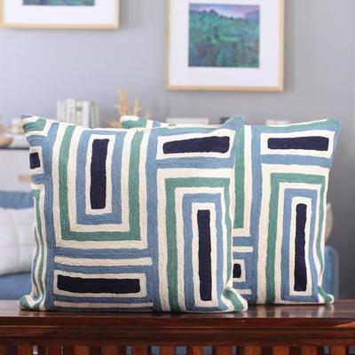 'Geometric-Themed Blue and Green Cotton Cushion Co...