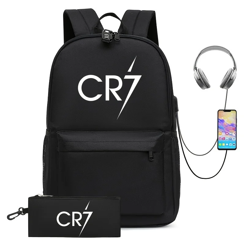 Sac à dos antivol CR7 pour hommes et femmes, charge USB, étanche, sac d'école, adolescentes, sacs de voyage pour garçons, 17