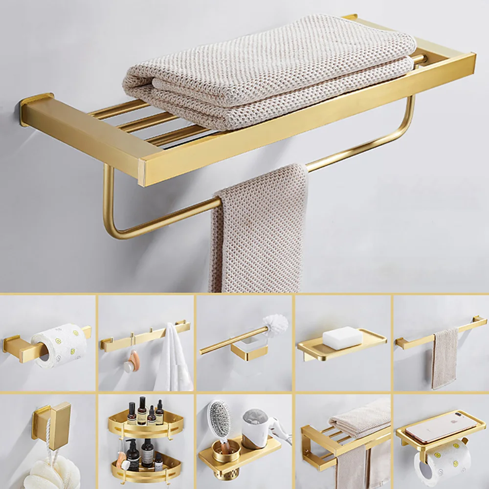 Tianview Gebürstet gold raum aluminium handtuch rack badezimmer wand hängen wc pinsel bad handtuch regal bad hardware hängen