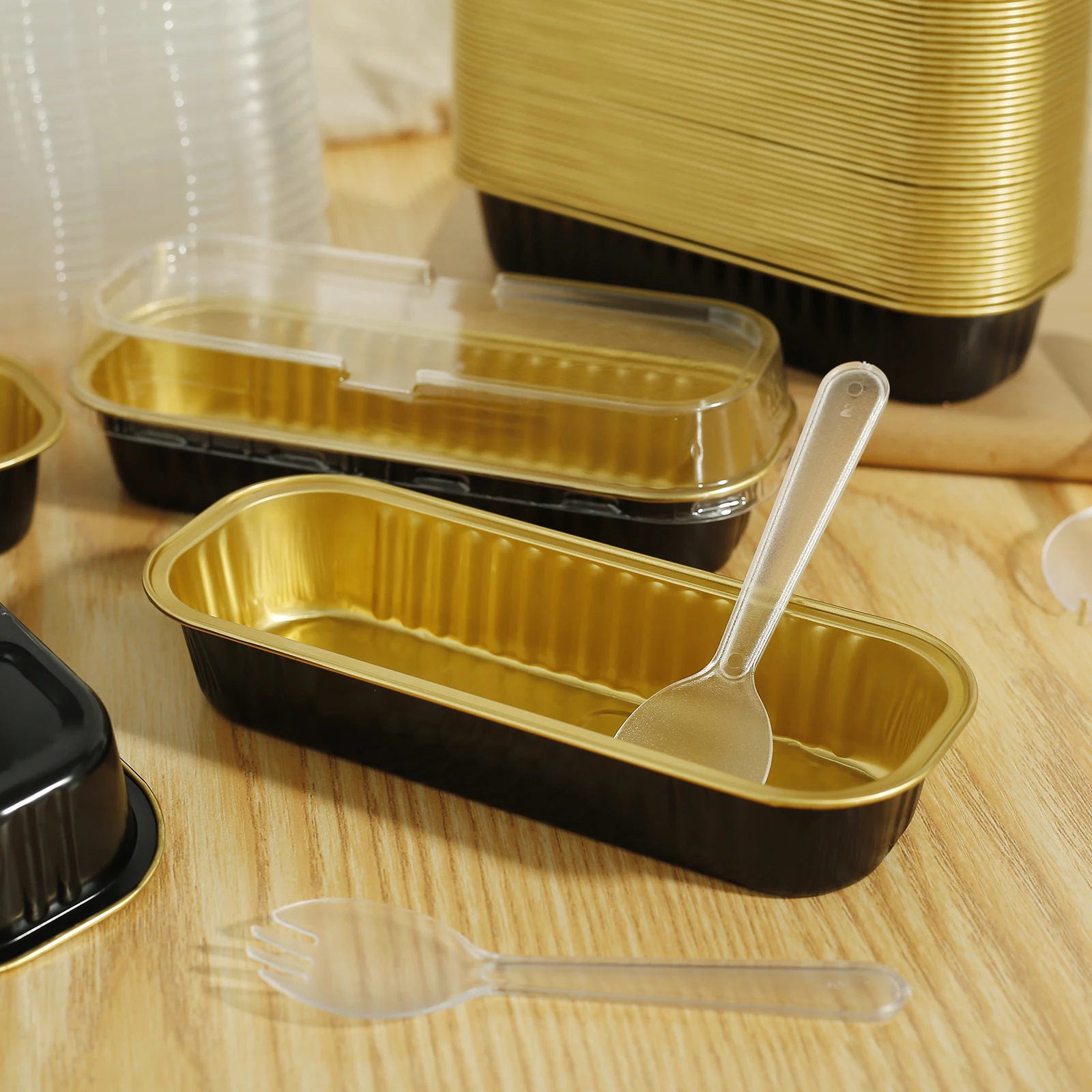 150 Stück Mini-Kuchenformen mit Deckel und Löffel, 200 ml, Antihaft-Folien-Backformen, Dosen, wiederverwendbare Kastenformen aus Aluminiumfolie für Zuhause Image